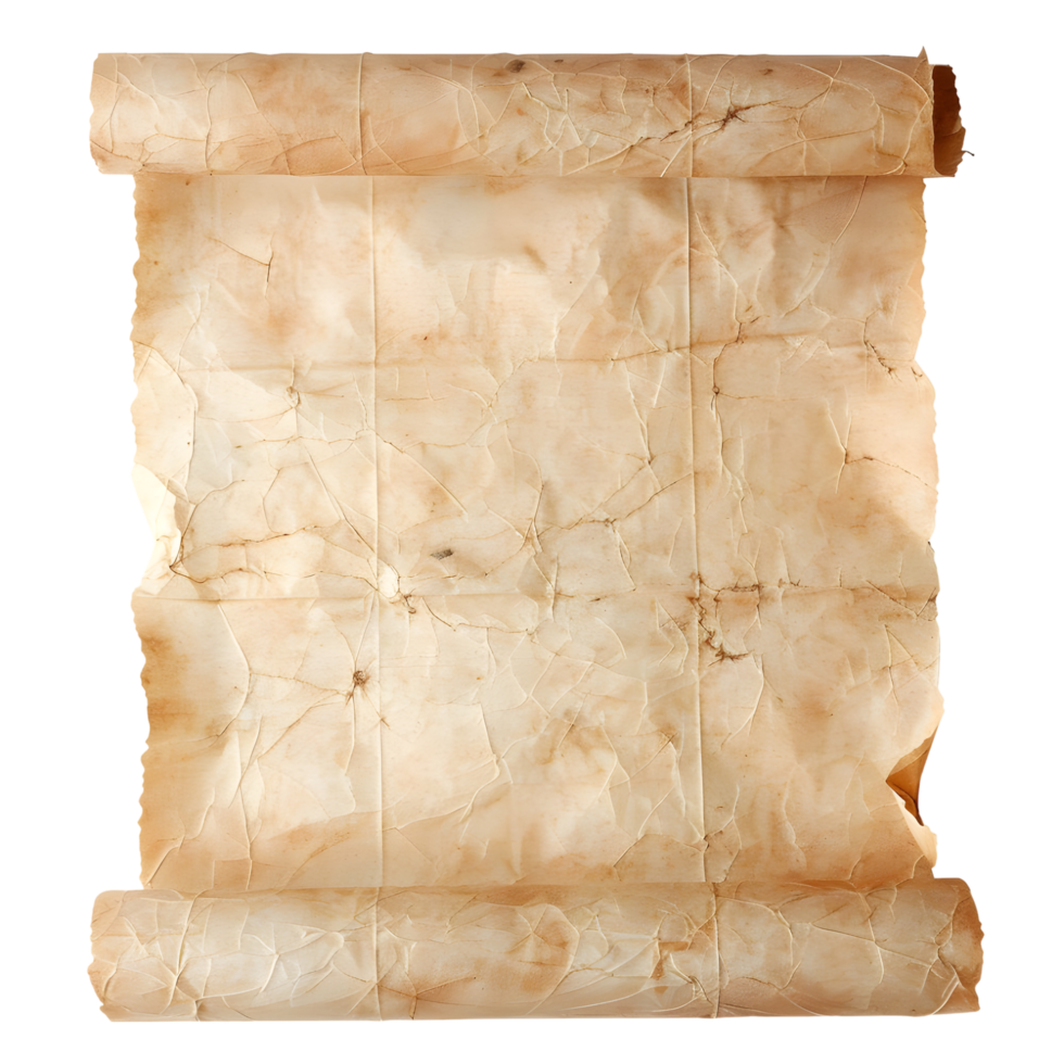 A vintage scroll of papyrus or parchment paper isolated against a plain background png