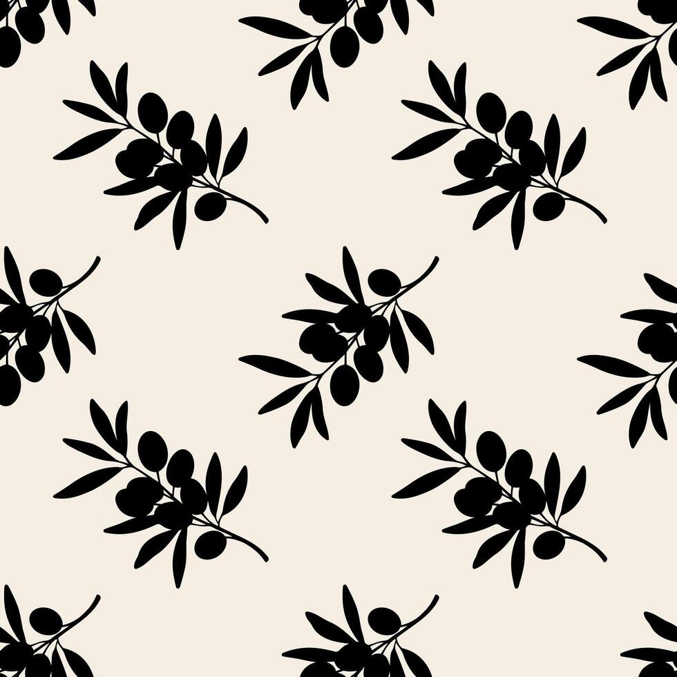 Olives branch pattern silhouettes dark on beige background. vector