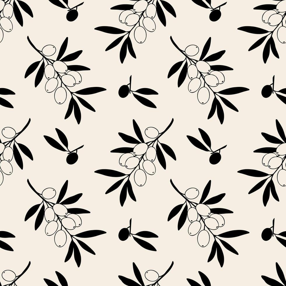 Olives branch pattern black silhouettes on beige background. vector