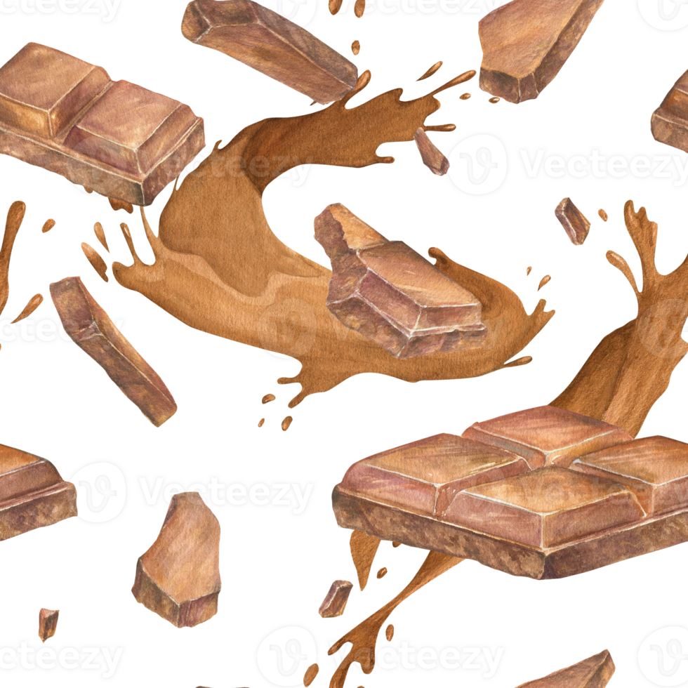 Seamless pattern with chocolate watercolor illustration with splashes of hot cocoa chocolate , hand drawn. Drawing of chocolate bar. Engraving for food packaging design png