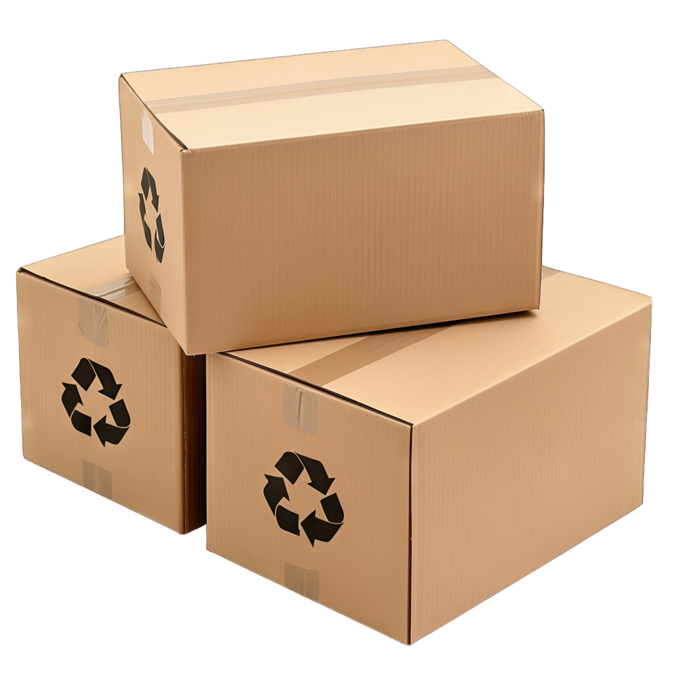 Three cardboard boxes with a recycling symbol on them png