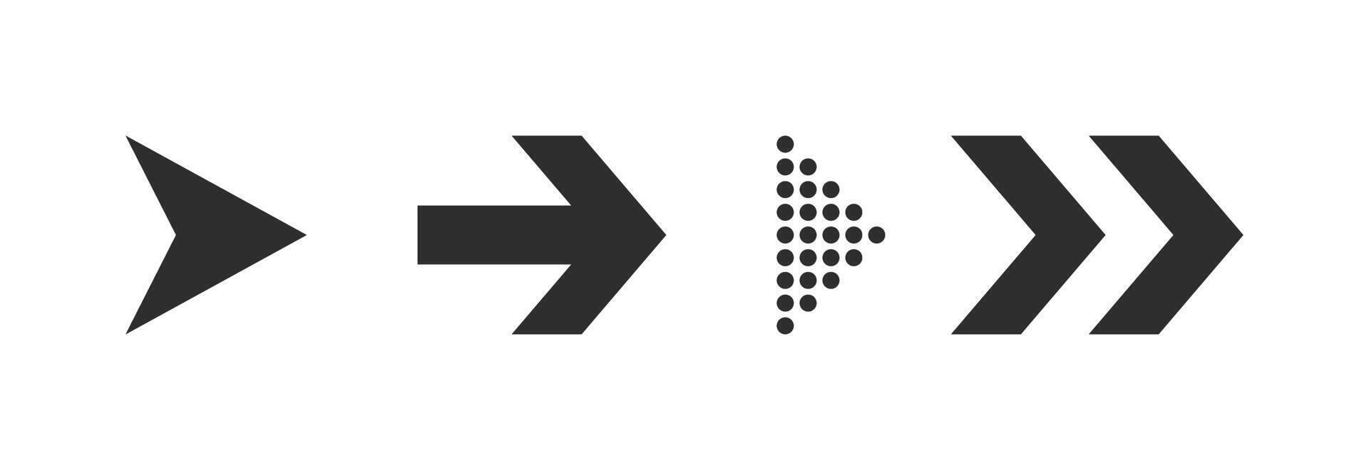 Arrow Flat Style Icon Collection. Set Of 4 Black Arrows Pointers In Right Direction. Modern Cursor Elements For Web User Interface vector