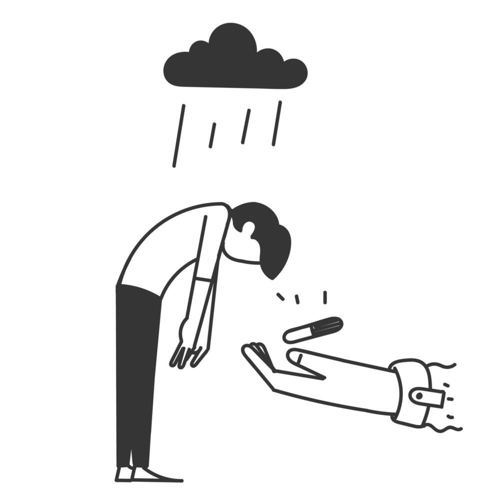 a man is standing in front of a hand that is holding a hand vector