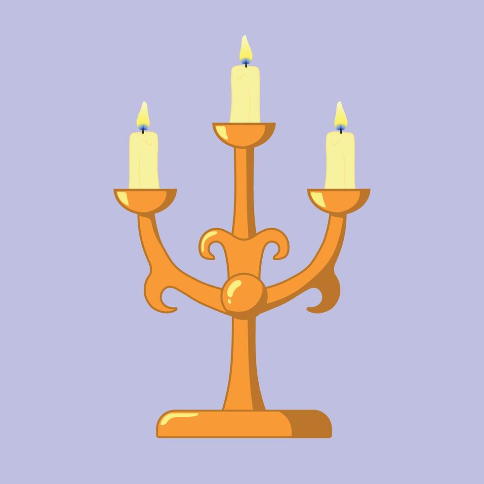 Vintage candlestick with golden color, lighting, and shade, with three candle lights on. vector