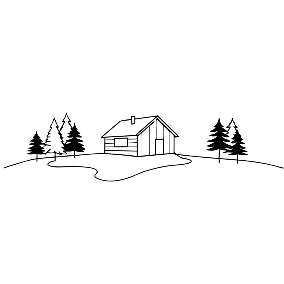 a black and white drawing of a house in the woods vector