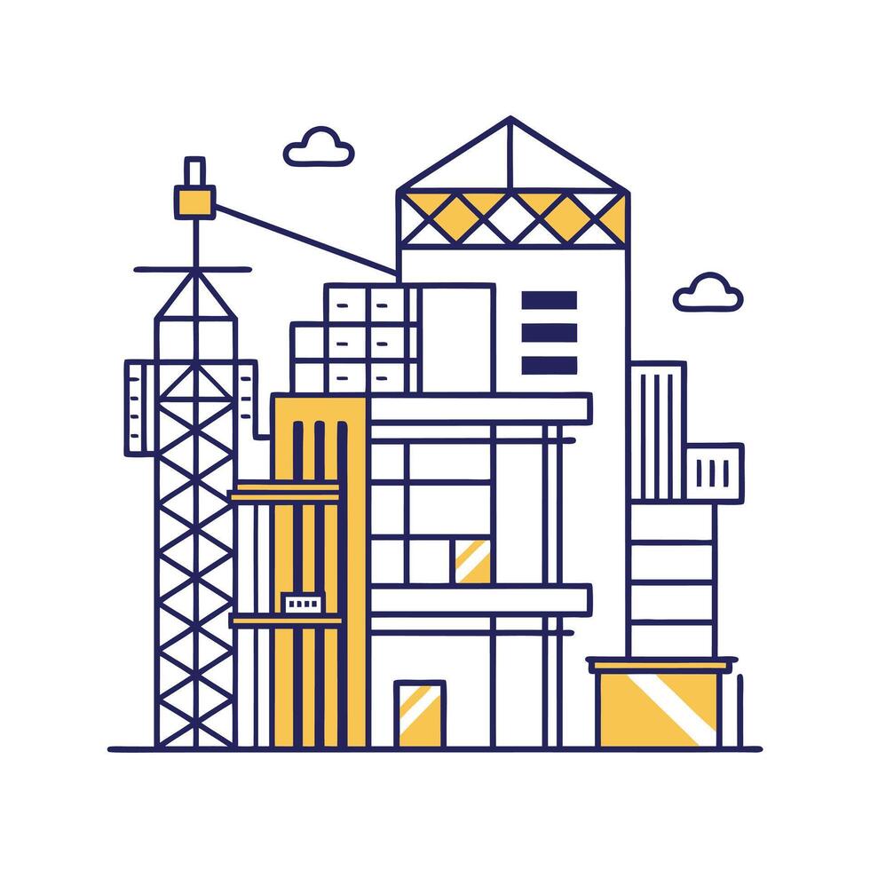 Warehouse building with crane and boxes illustration. Modern flat style design. vector