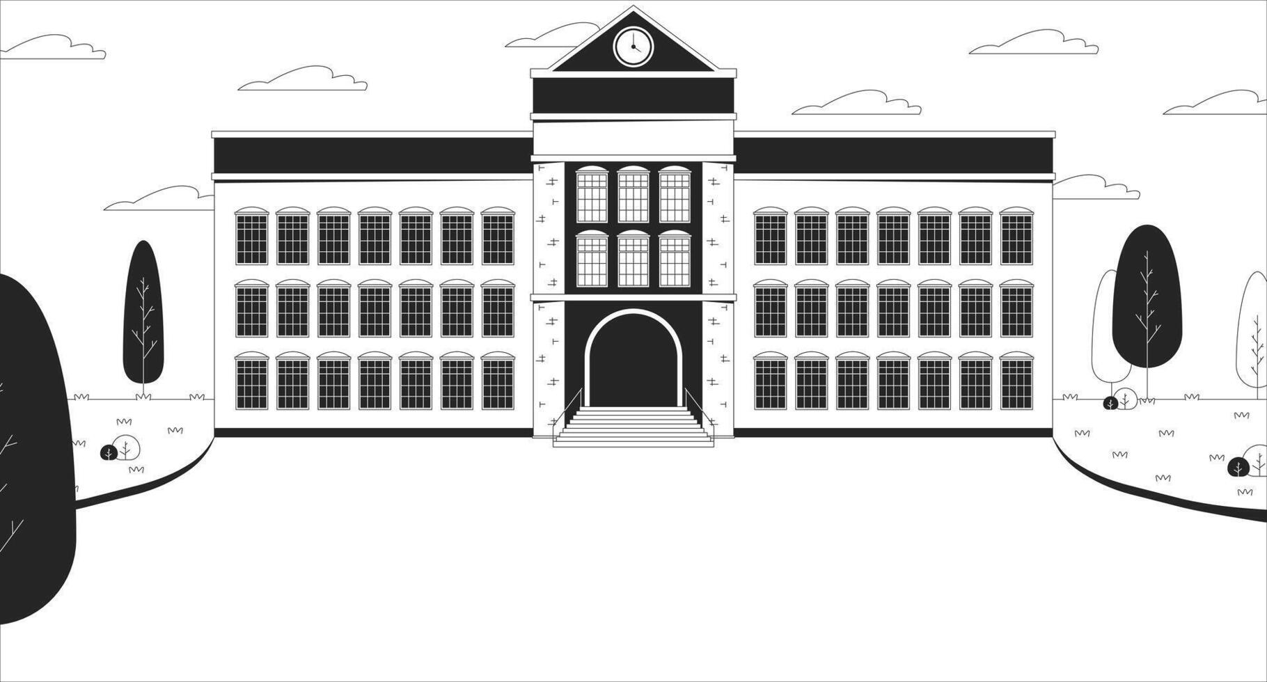 School building entrance with yard black and white line illustration. Schoolyard schoolhouse 2D cityscape monochrome background. Educational facility. Modern highschool outdoor outline image vector