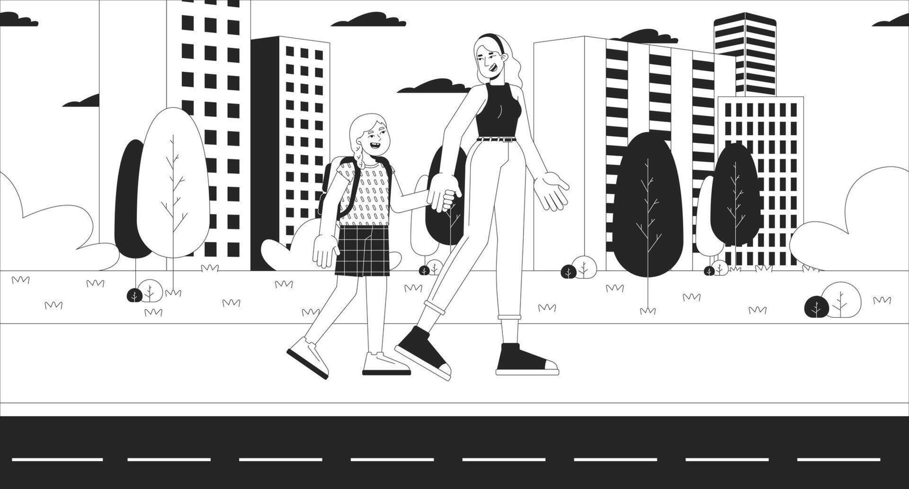 Mother taking daughter to school black and white line illustration. Caucasian blonde schoolgirl mom 2D characters monochrome background. Morning elementary. Road to school outline image vector