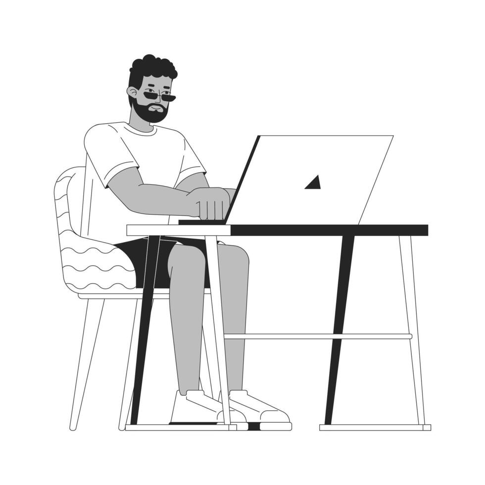African american man working at laptop black and white 2D line cartoon character. Black guy typing notebook isolated outline person. Desk home office guy monochromatic spot illustration vector