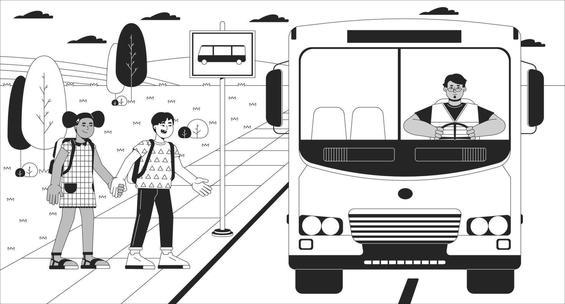 Diverse kids getting on school bus black and white line illustration. Elementary children 2D characters monochrome background. Schoolbus schoolchildren. Bus stop school outline image vector