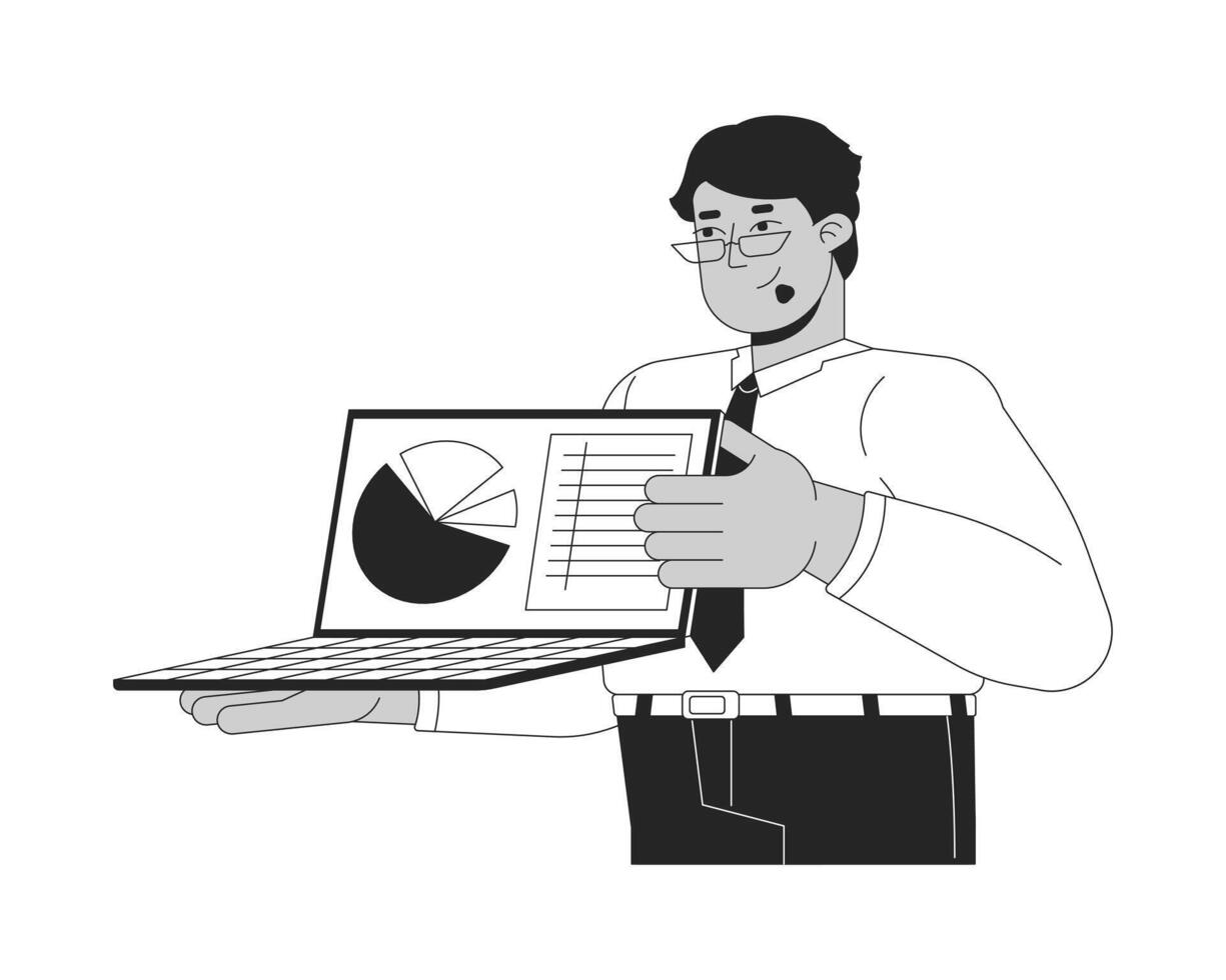 Male employee holding laptop pie chart black and white 2D line cartoon character. Arab man analyst isolated outline person. Data analysis. Sales statistics monochromatic spot illustration vector