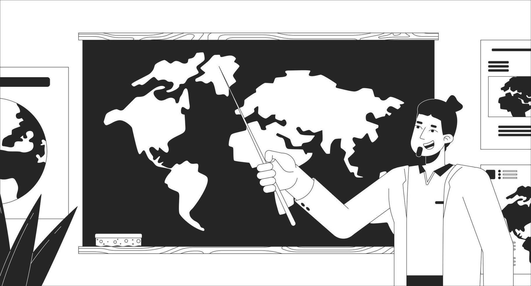 Male teacher conducting geography lesson black and white line illustration. Caucasian man showing world map on blackboard 2D character monochrome background. School education outline image vector