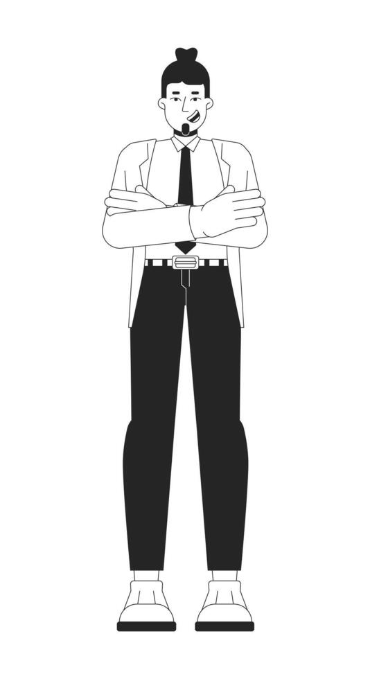 Satisfied employee caucasian man crossed arms black and white 2D line cartoon character. Proud european guy executive isolated outline person. Manager monochromatic spot illustration vector