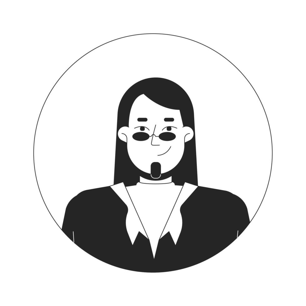 Sunglasses man with beard goatee black and white 2D avatar illustration. Caucasian male long haired outline cartoon character face isolated. Corporate casual flat user profile image portrait vector