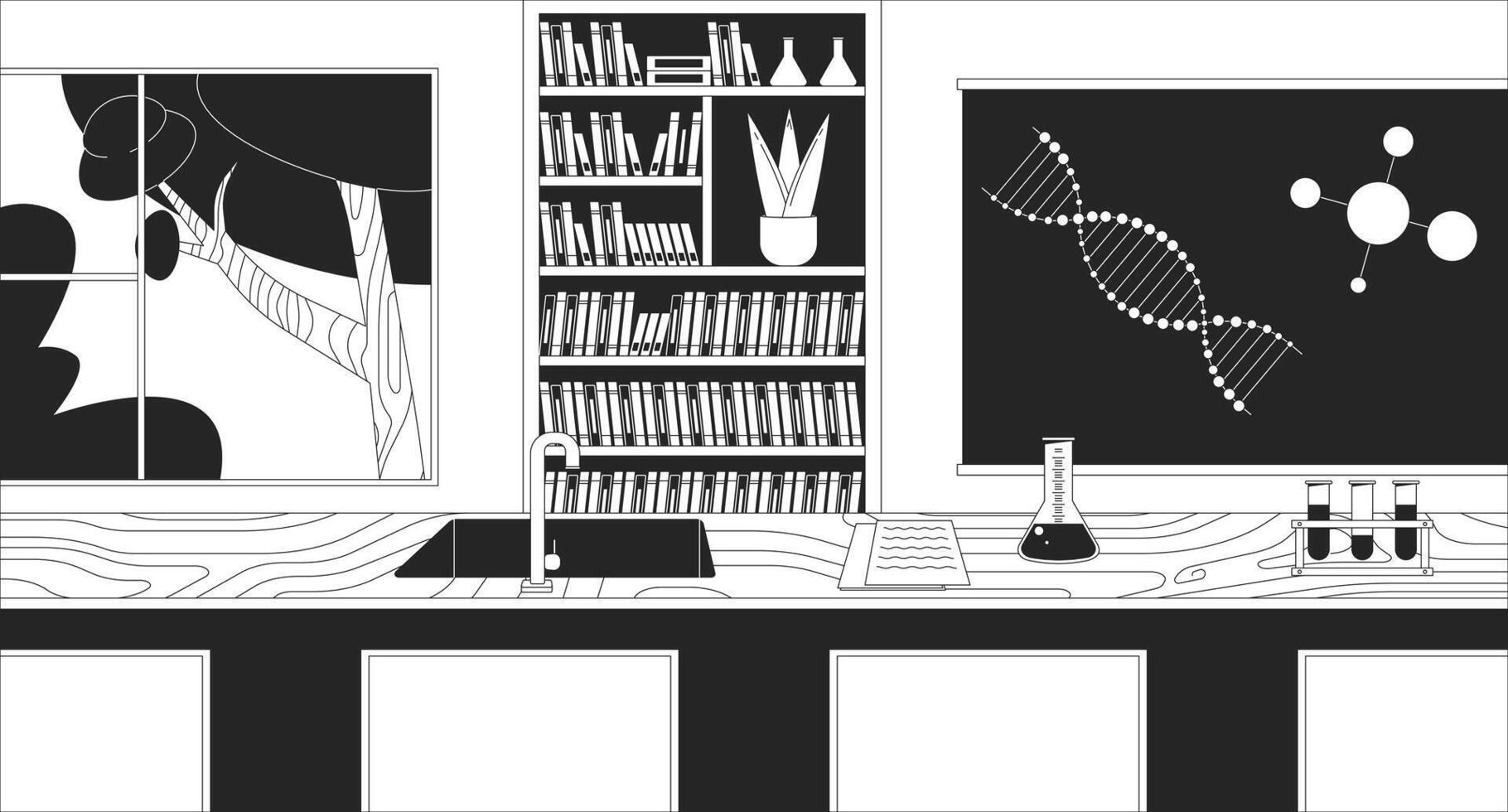 Chemistry class with modern equipment black and white line illustration. School supplies in chemical laboratory 2D interior monochrome background. Education process outline image vector