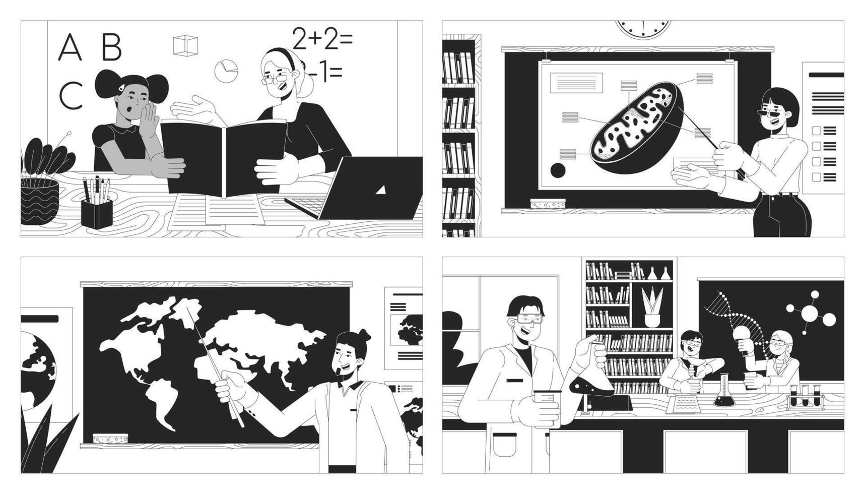 School personnel at work black and white line illustration set. Teachers conducting lessons to students 2D characters monochrome background. Education process scenes storytelling images bundle vector