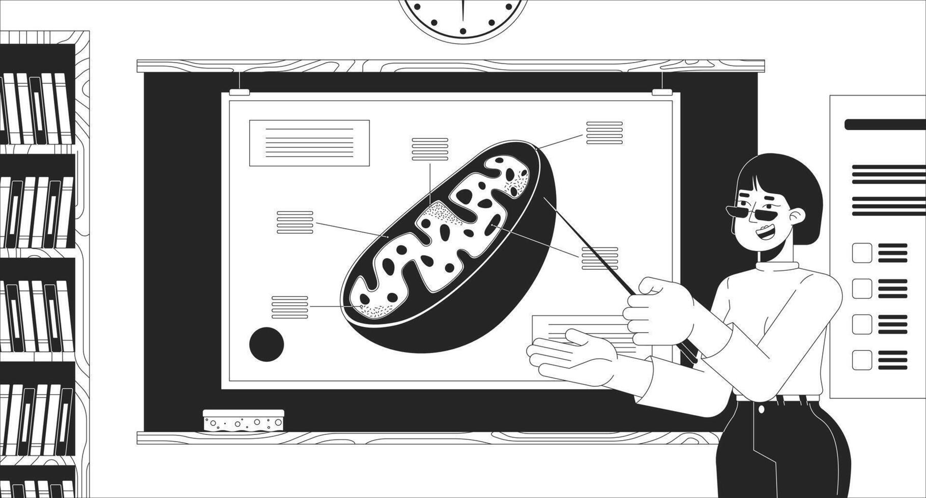 Biology teacher showing cell structure in classroom black and white line illustration. Asina tutor school personnel 2D character monochrome background. Biology lesson teaching outline image vector