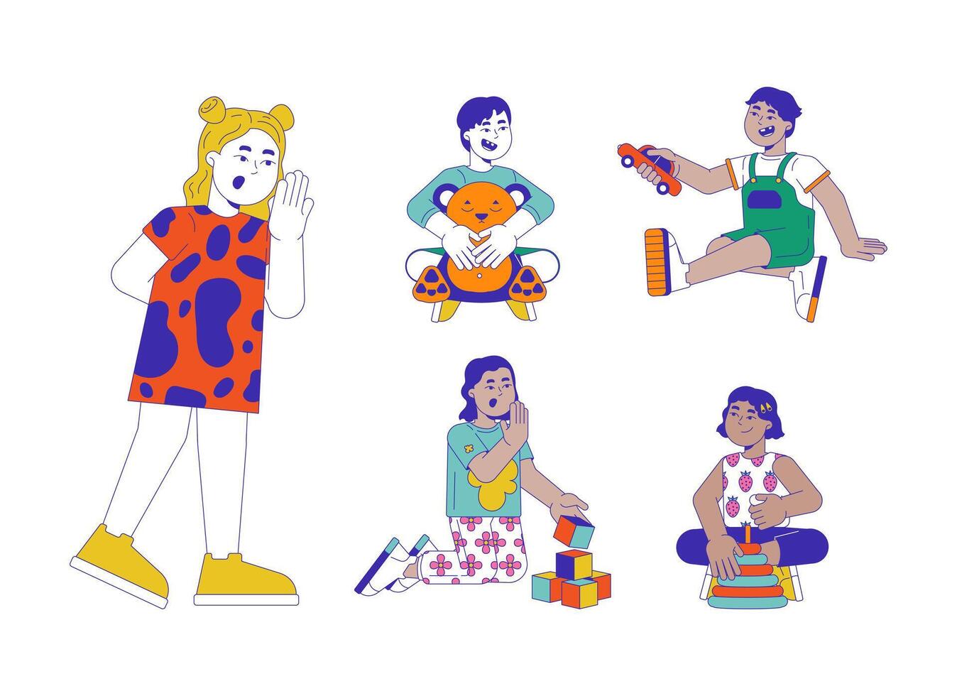 Little multiracial children group 2D linear cartoon characters set. Kindergarten students playing isolated line people white background. Toddler kids color flat spot illustrations collection vector