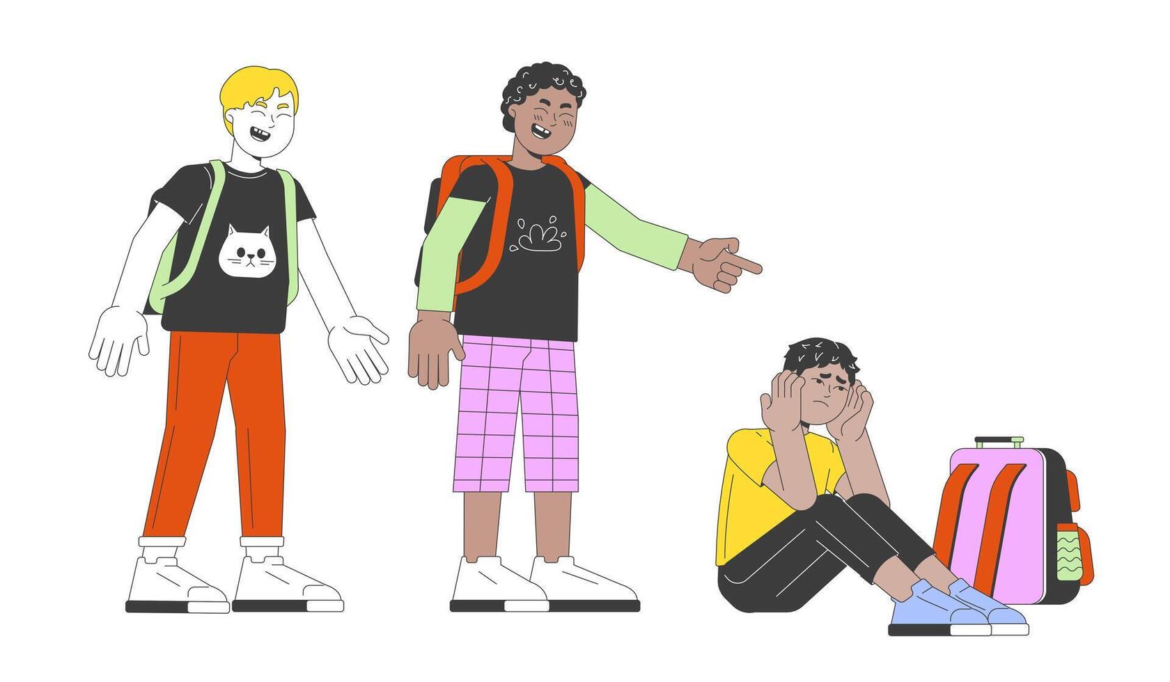 Schoolboys bullies bullying preteen kid 2D cartoon characters. Aggressive classmates diverse boys isolated flat people white background. Elementary school social issues color spot illustration vector