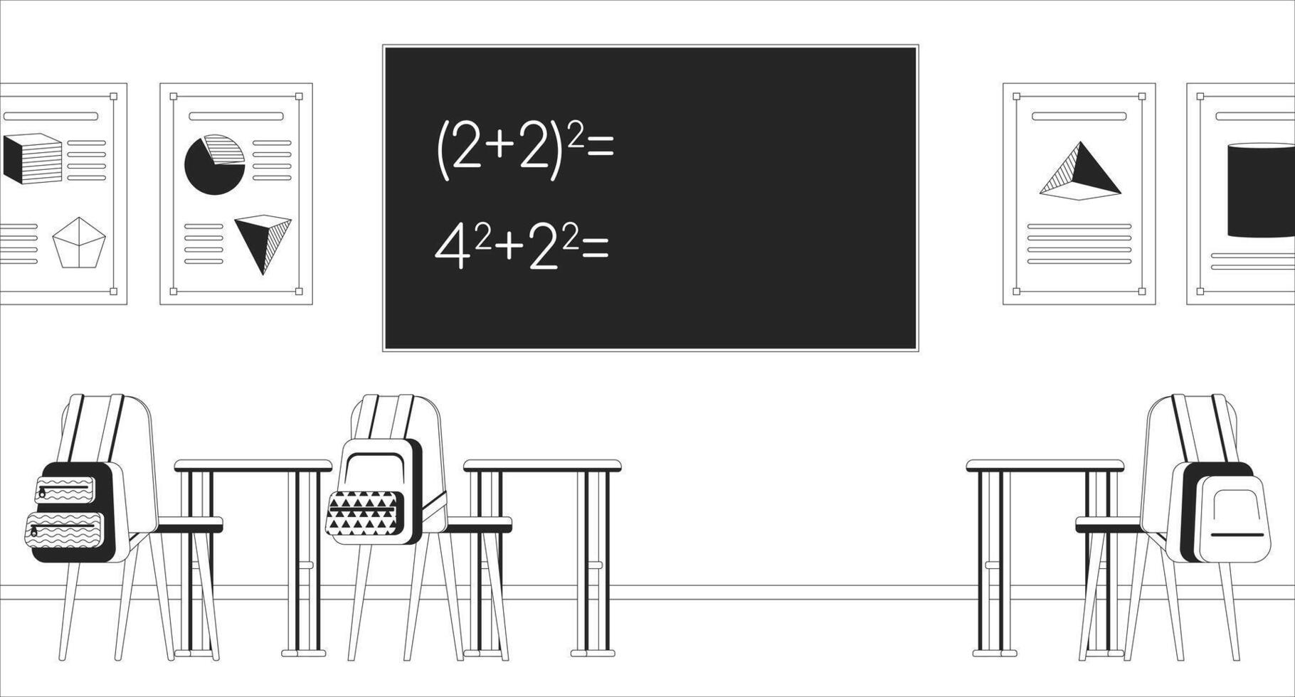Math classroom black and white line illustration. Equation blackboard, desks. Mathematics class middle school 2D interior monochrome background. Geometry algebra study room outline image vector