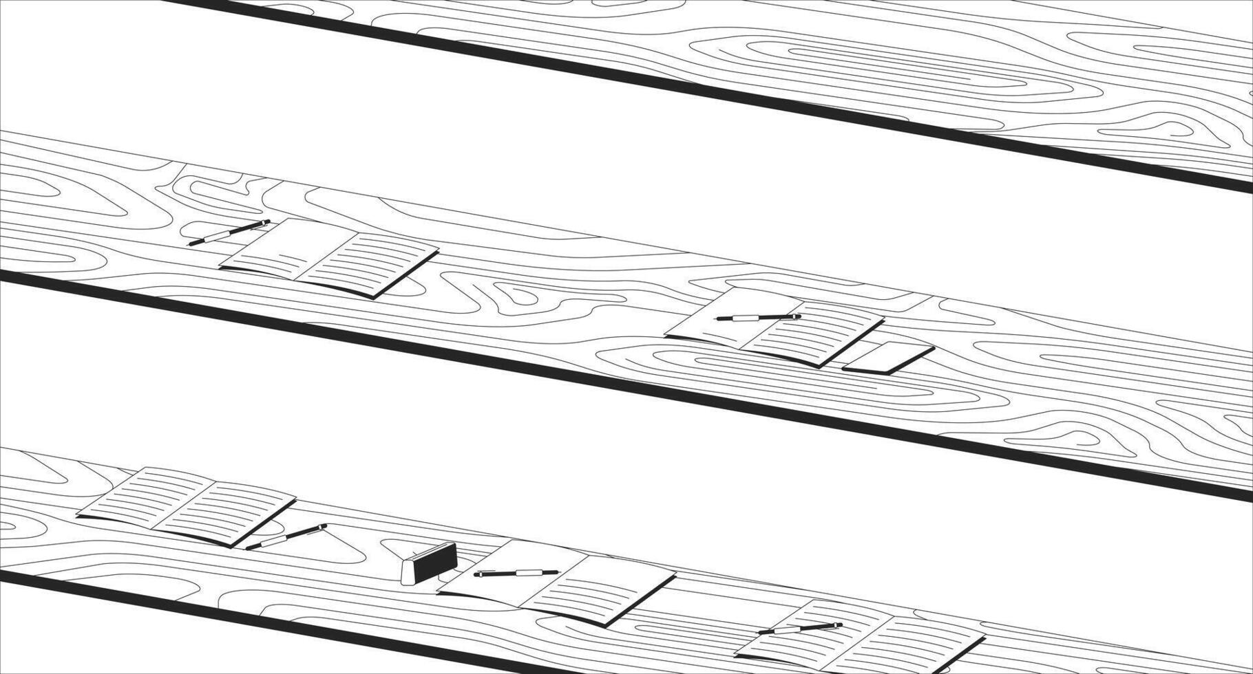 Lecture hall empty black and white line illustration. University auditorium 2D interior monochrome background. Seminar notebooks tables row schoolroom. College classroom outline image vector