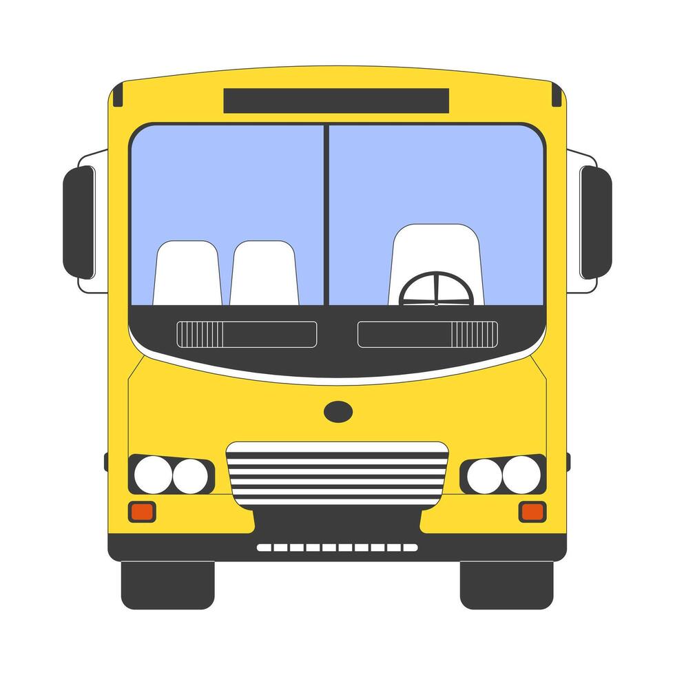 Back to school bus 2D cartoon object. Schoolbus vehicle isolated flat element white background. Public transport empty. Minibus front view student transport color spot illustration vector