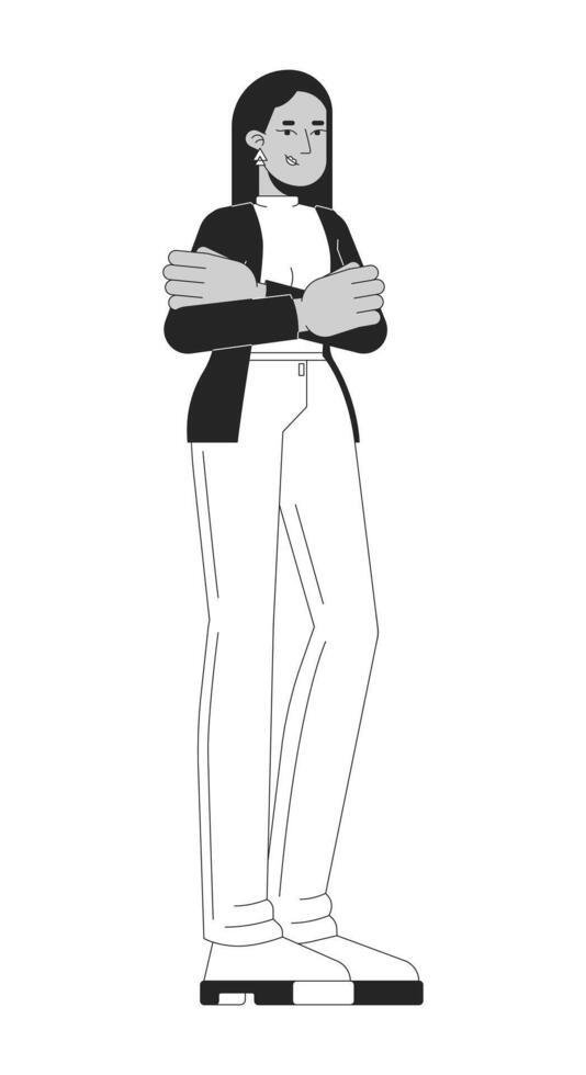 Middle eastern female employee entrepreneur black and white 2D line cartoon character. Professional proud woman crossed arms isolated outline person. Manager monochromatic spot illustration vector