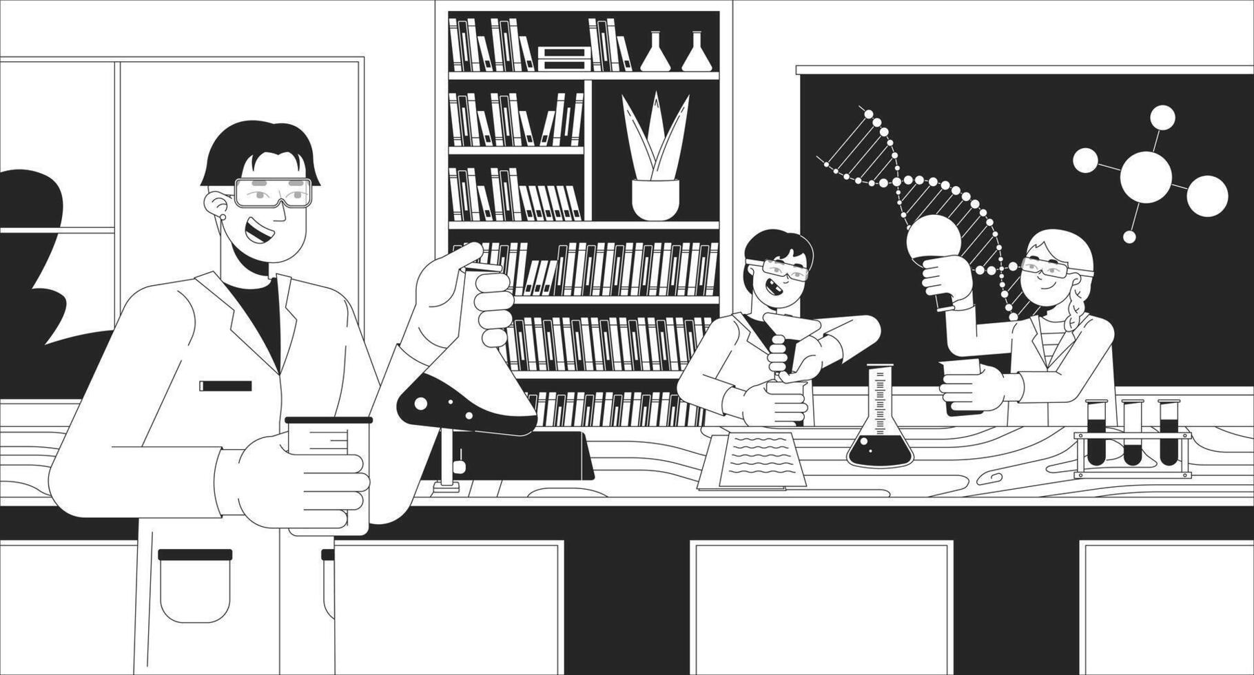 Teacher conducting chemical experiments with students black and white line illustration. Children learning chemistry with tutor 2D characters monochrome background. School lesson outline image vector