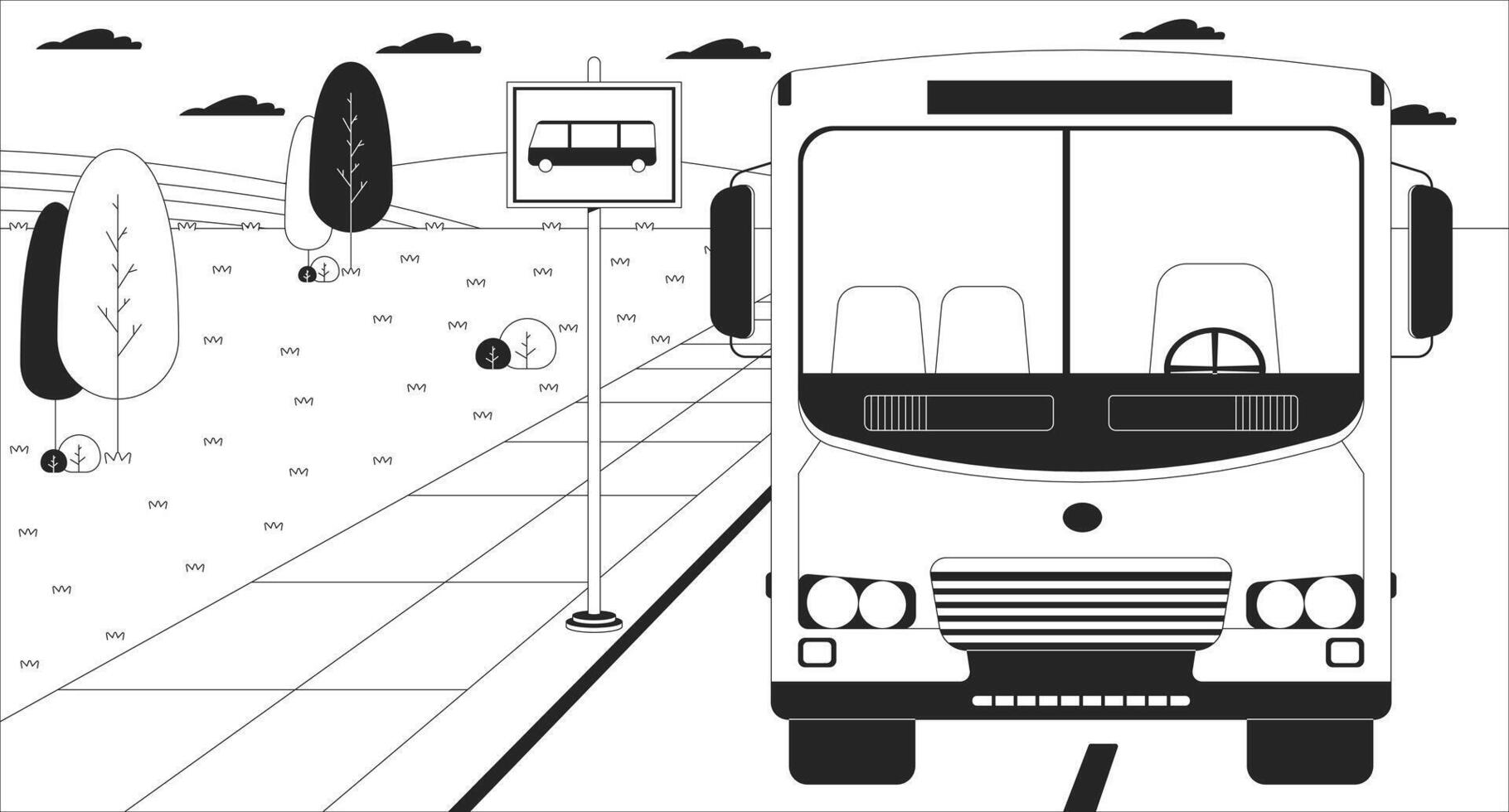 School bus stop roadside black and white line illustration. Road sign busstop 2D cityscape monochrome background. Public transport rural. Vehicle with hills and trees landscape outline image vector