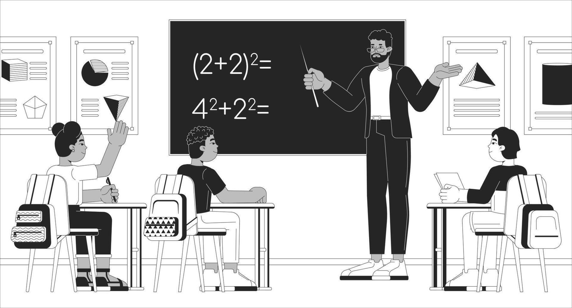 Math teacher teaching schoolchildren black and white line illustration. African american teacher, diverse elementary students 2D characters monochrome background. Mathematics outline image vector