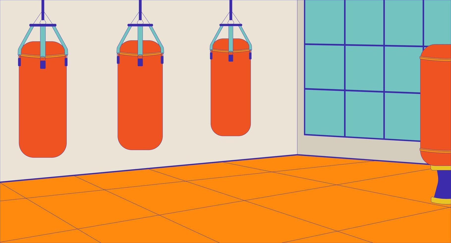 Martial arts gym empty cartoon flat illustration. Exercise room with punching bags 2D interior colorful background. Kickboxing karate practice schoolroom. Boxing bags sport center scene image vector