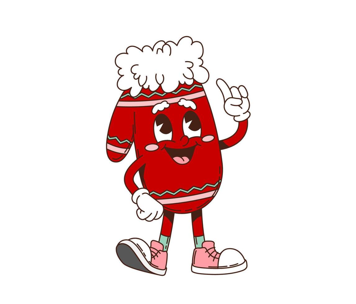 Retro groovy Christmas mitten cartoon character vector