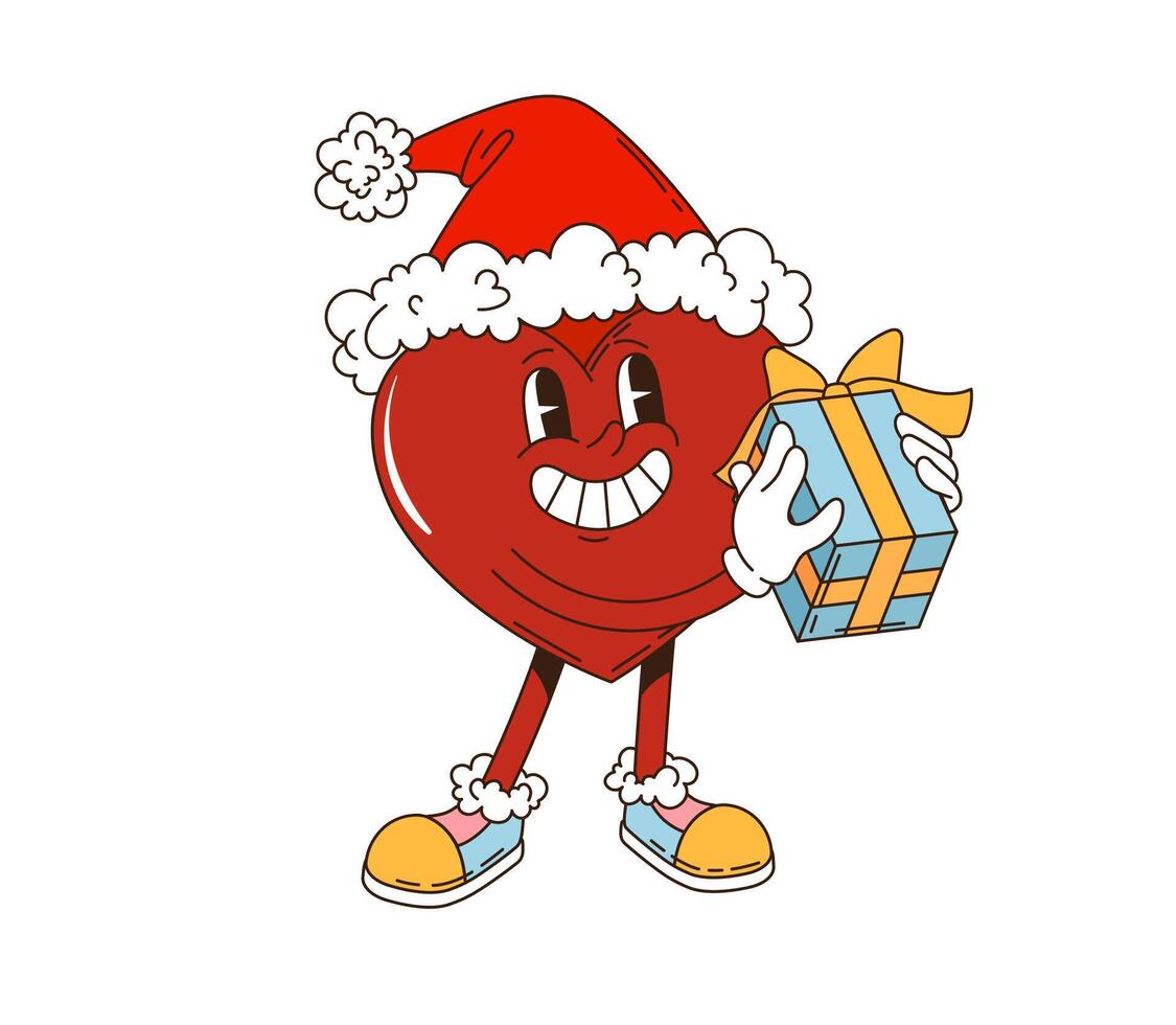 Retro groovy heart character in Christmas hat vector