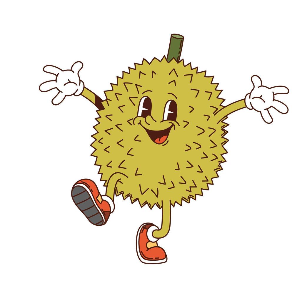 Cartoon groovy durian tropical fruit character vector