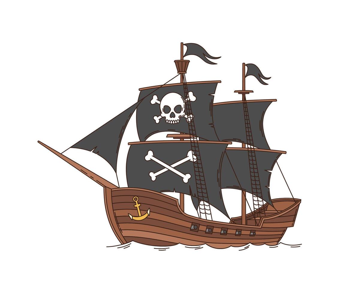 Cartoon groovy pirate and corsair sailing ship vector