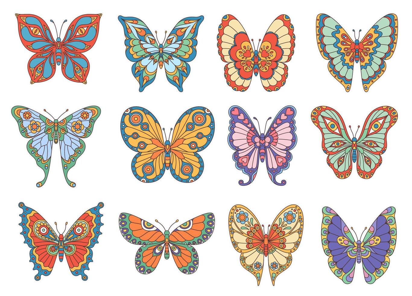 Groovy butterflies with ornament wings, cartoon vector