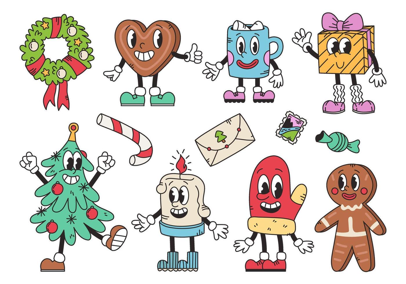 Cool Groovy Christmas. Groovy New Year tree, gingerbread, gift, mitten, candle, hot drink in trendy retro cartoon style. Set of stickers with characters vector