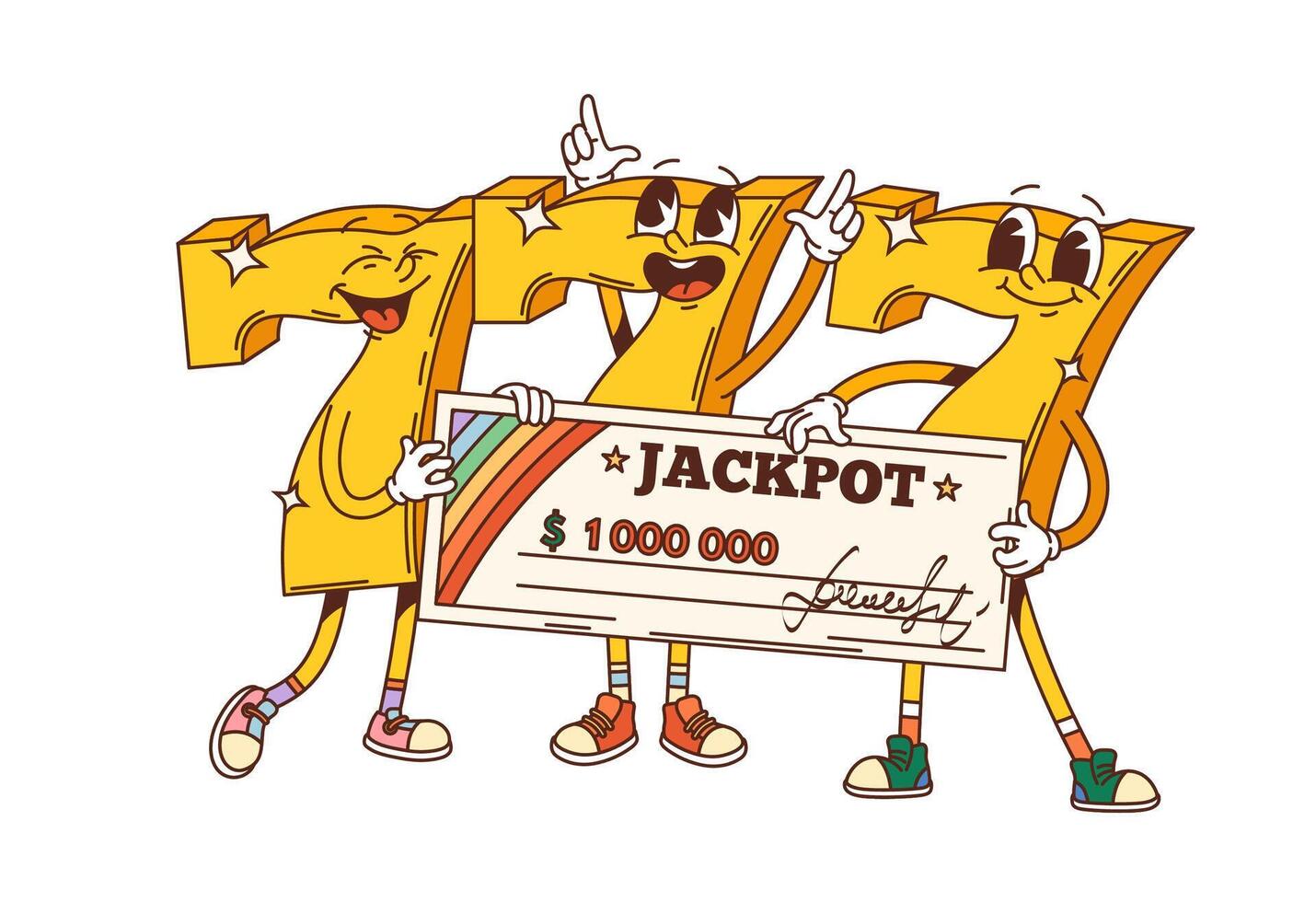 Retro groovy golden three seven signs with jackpot vector