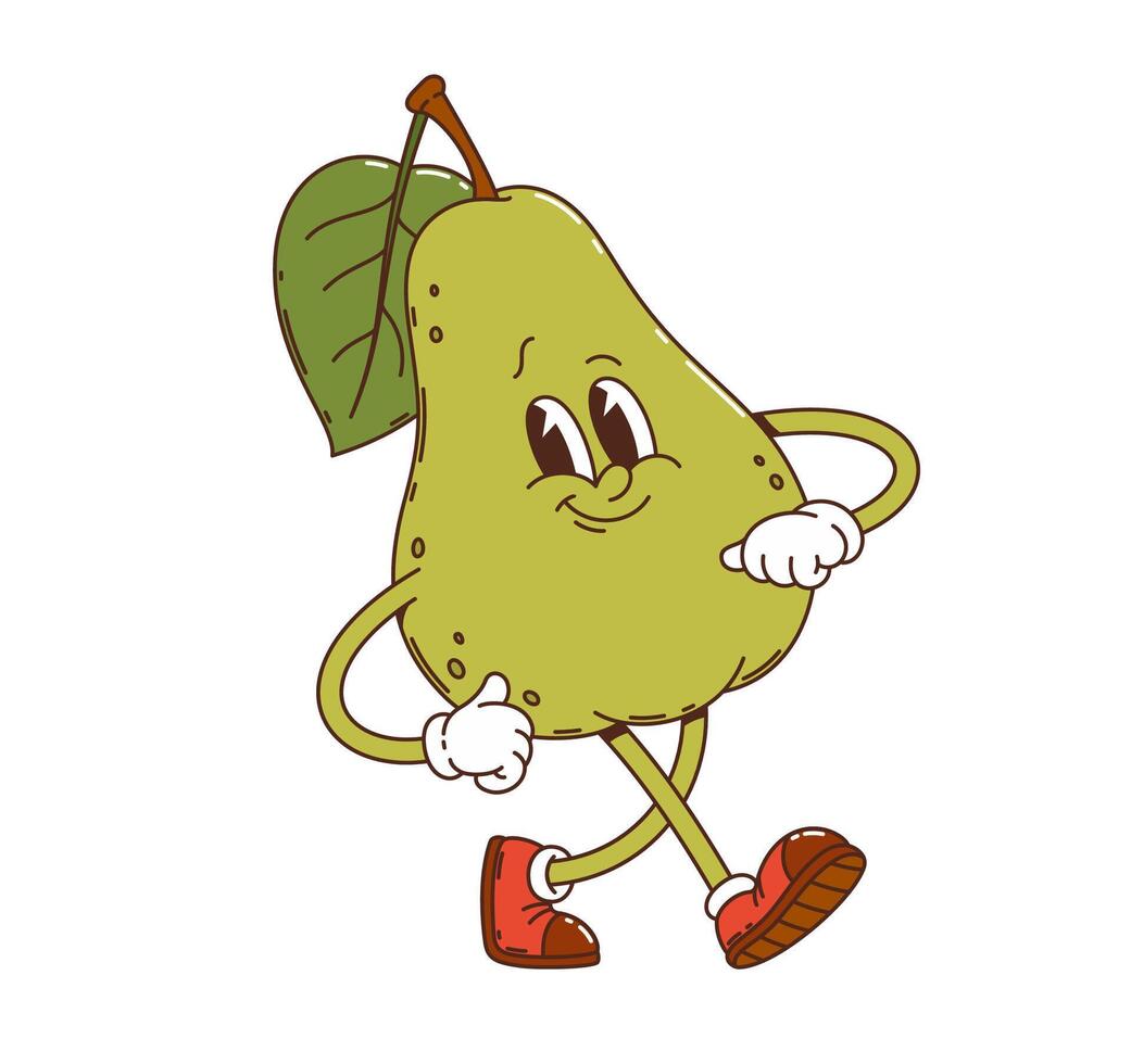 Cartoon groovy pear fruit character walking vector