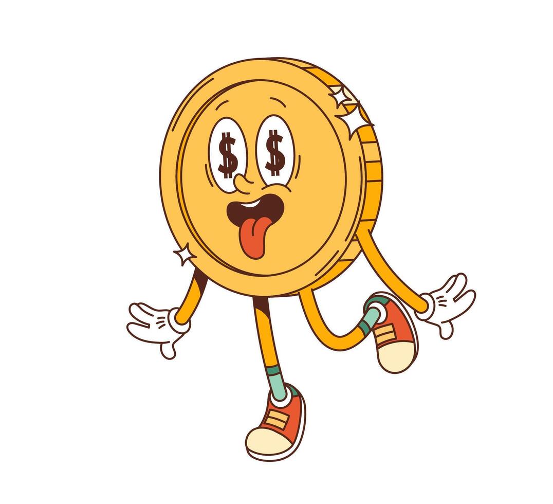 Retro groovy funky jackpot golden coin character vector