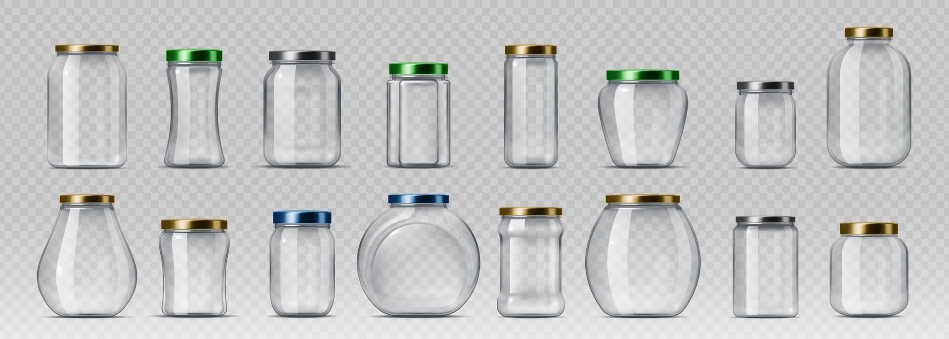 3d realistic glass jars with lids packages vector