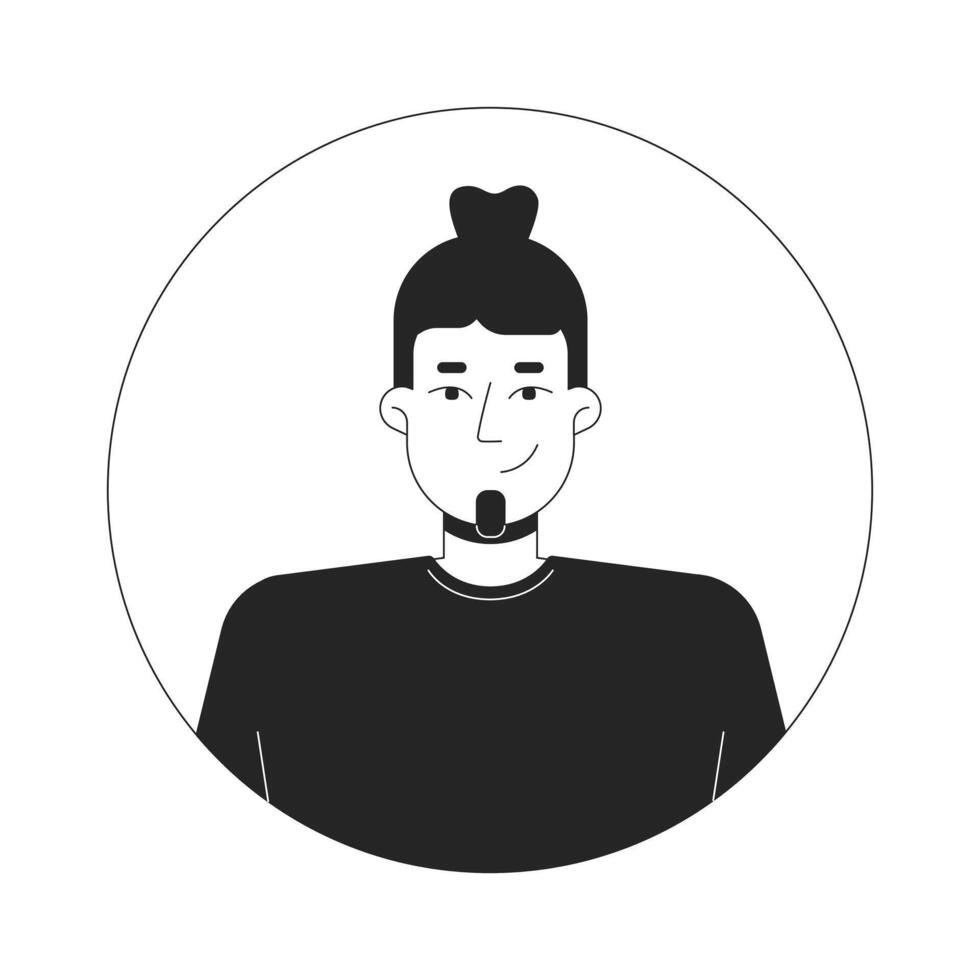 Caucasian man with bun hair and simple t-shirt black and white 2D avatar illustration. European male bearded outline cartoon character face isolated. Casual flat user profile image portrait vector
