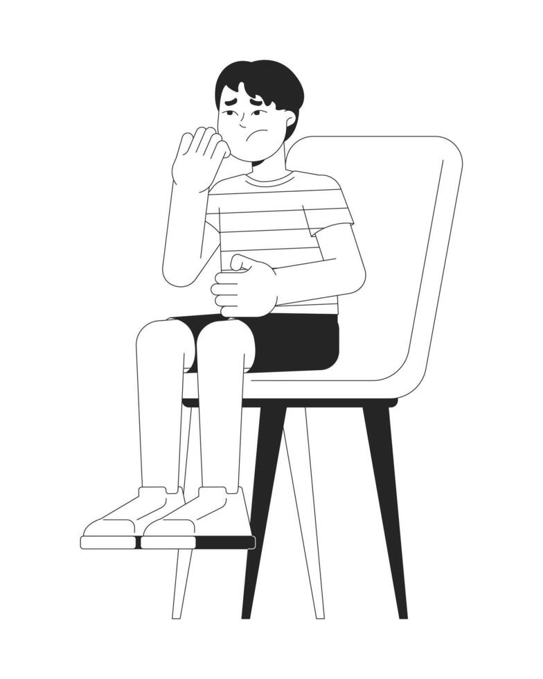 Sad little boy sitting on chair black and white 2D line cartoon character. Nervous child waiting on seat isolated outline person. Kid suffering from stress monochromatic flat spot illustration vector