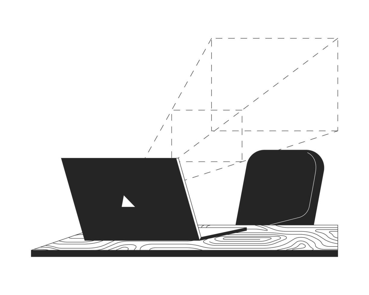 Digital scanner laptop on desk with chair black and white 2D line object. Technology biometric identification isolated outline item. Augmented reality monochromatic flat spot illustration vector