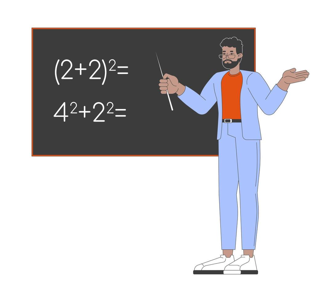 African american male math teacher 2D cartoon character. Black man mathematician pointing blackboard isolated flat person white background. Mathematics professor color spot illustration vector