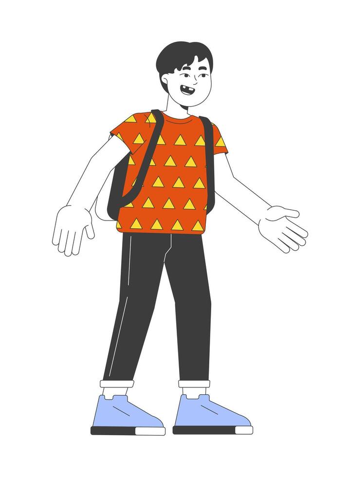 Excited asian schoolboy back to school 2D cartoon character. Japanese pupil boy isolated flat person white background. Preteen schoolkid. Apprentice primary school color spot illustration vector