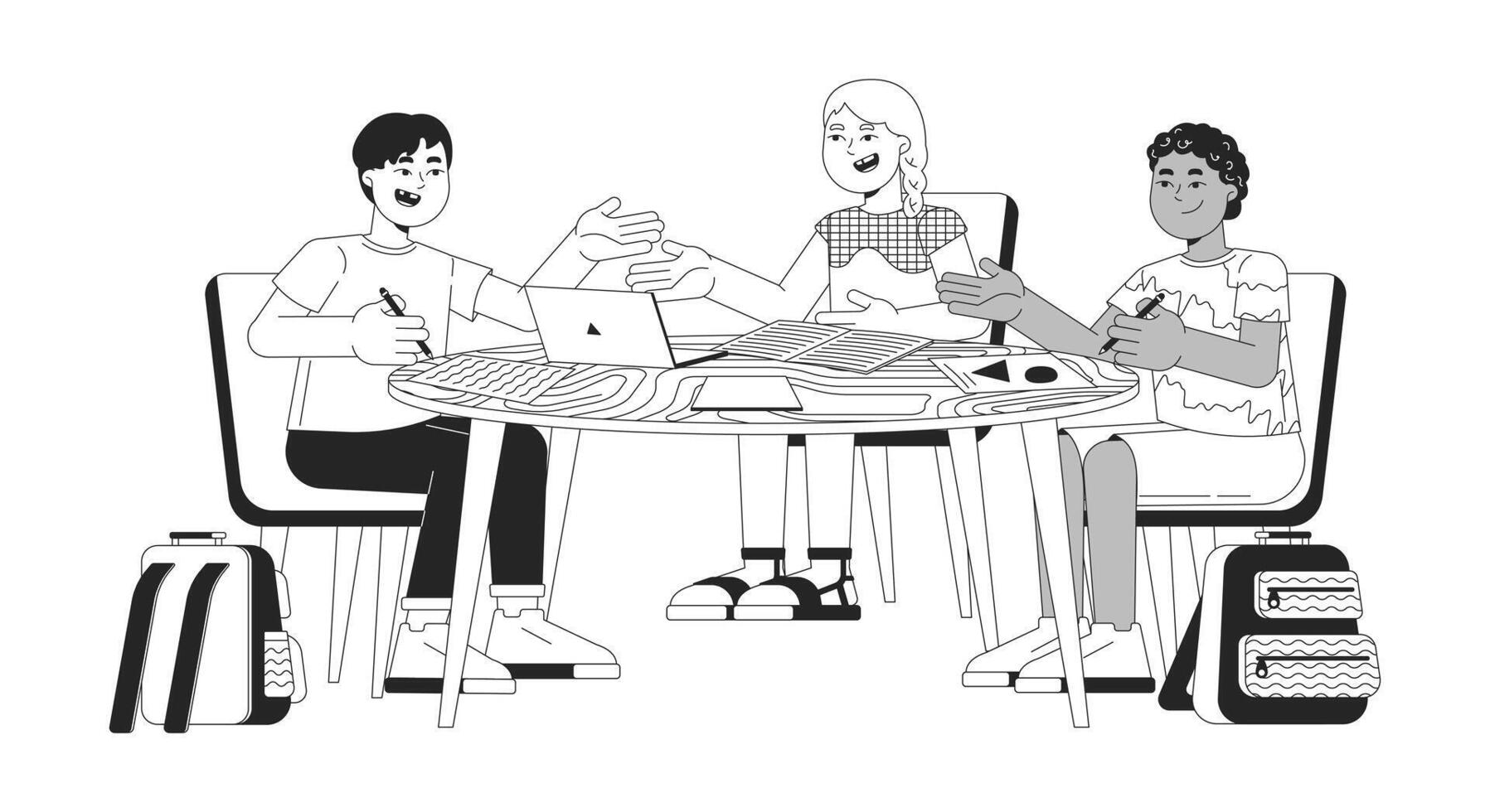 Diverse children discussing project black and white 2D line cartoon characters. Schoolchildren doing homework together isolated outline people. School classmates monochromatic spot illustration vector