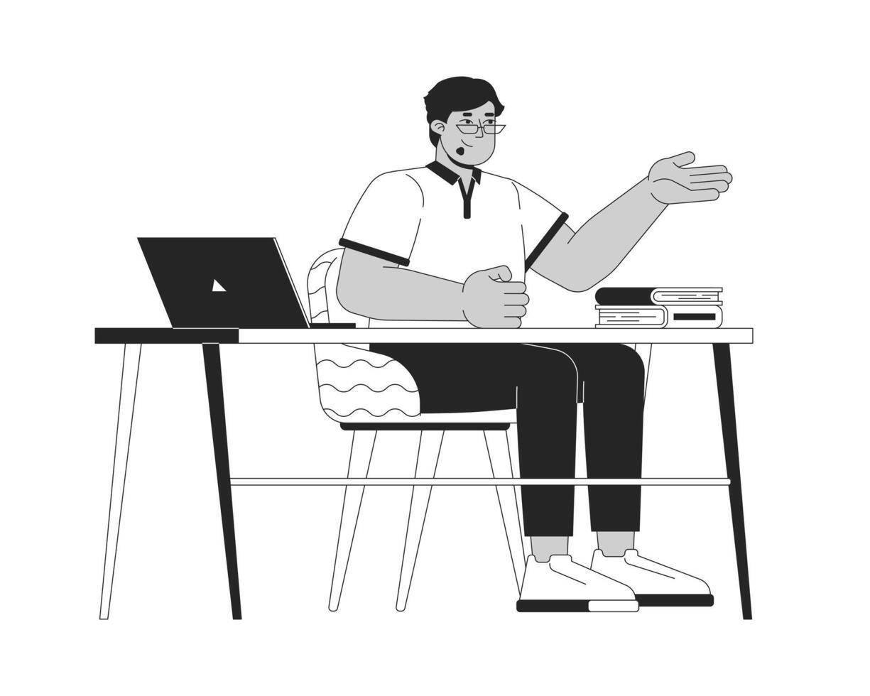 Arab teacher attracting attention by gesture black and white 2D line cartoon character. Man at desk isolated outline person. School personnel at workplace monochromatic flat spot illustration vector
