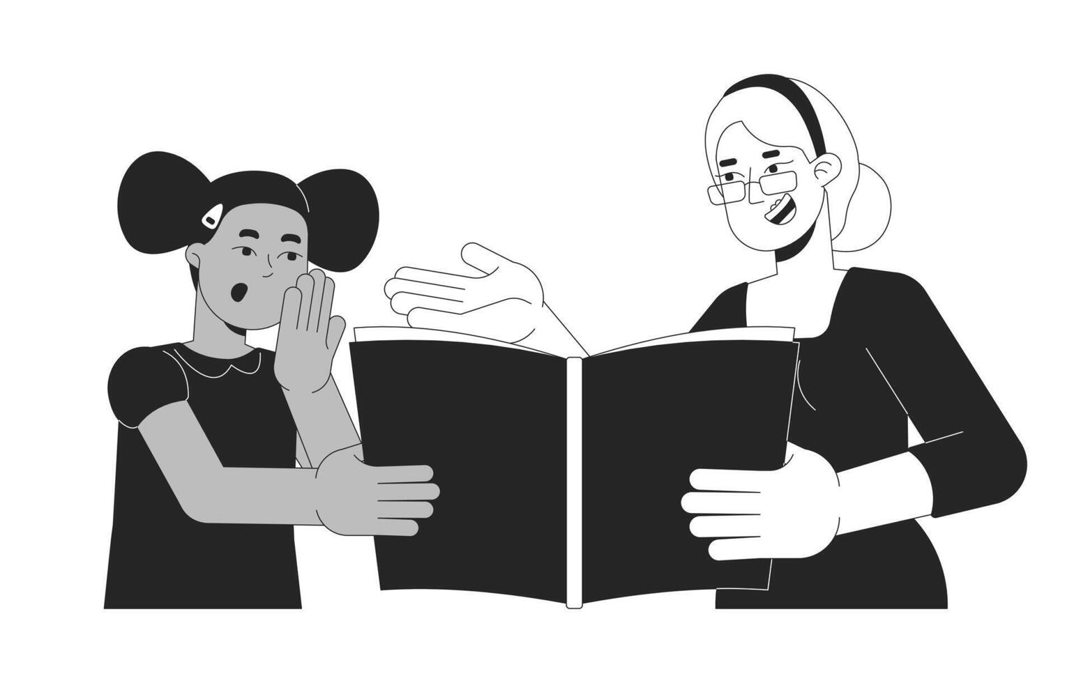 Teacher with little girl reading book black and white 2D line cartoon characters. Tutor showing textbook to student isolated outline people. Primary school monochromatic flat spot illustration vector