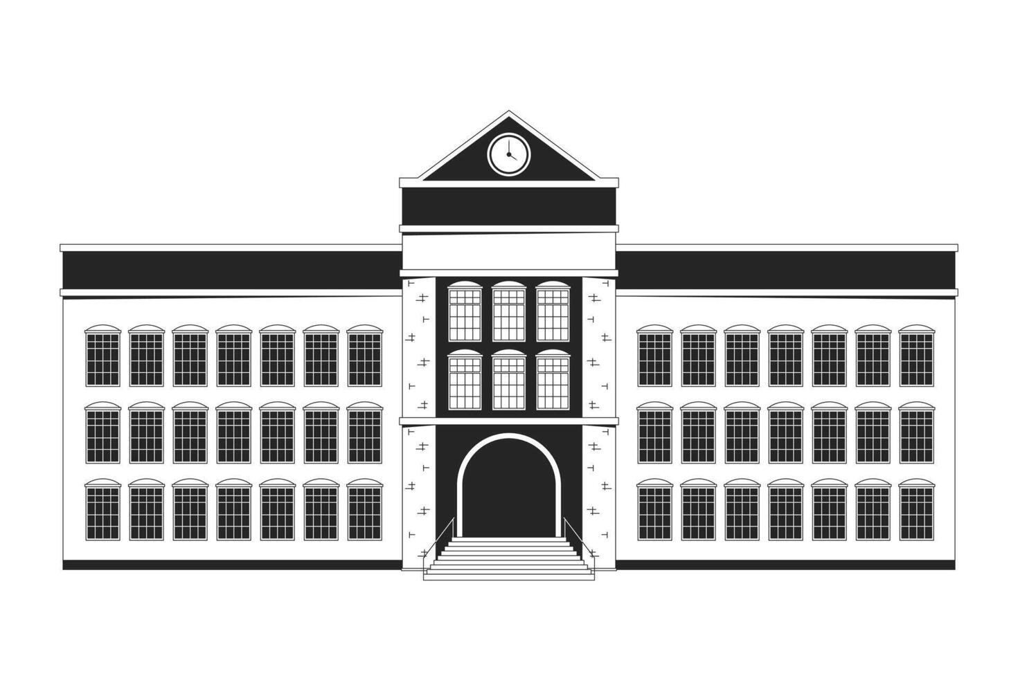 School exterior black and white 2D line object. Academy entrance. Highschool building facade schoolhouse isolated outline item. College campus architecture monochromatic flat spot illustration vector
